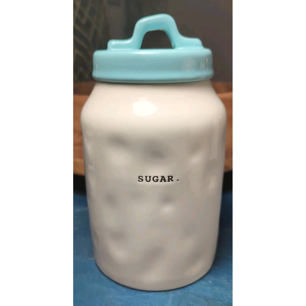 Rae Dunn Sugar Canister Jar w Blue Lid Typewriter Font Artisan Collection 8in